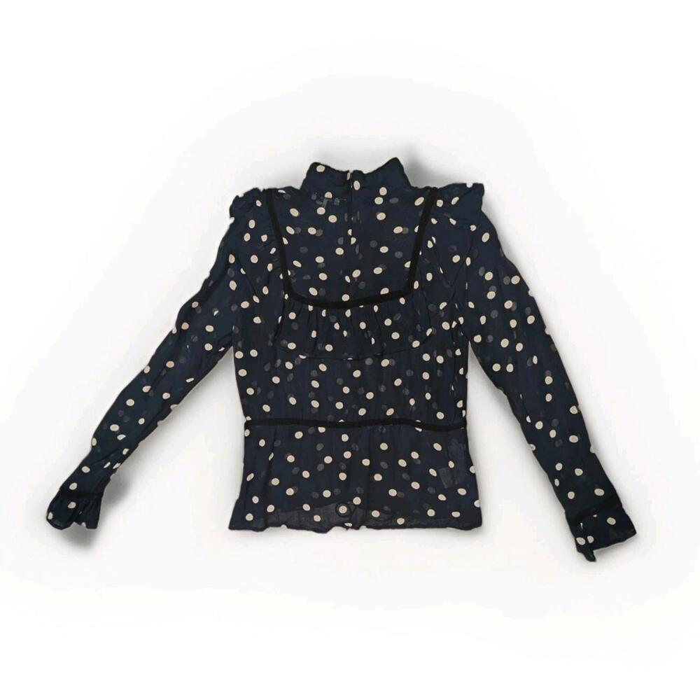 GANNI Georgette Polka Dot Sheer Ruffle Blouse Size: 36/Small Parisian Coquette - Picture 5 of 14
